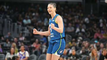 Jul 9, 2024; Los Angeles, California, USA; Minnesota Lynx forward Cecilia Zandalasini (9) celebrates against the LA Sparks in the first half at Crypto.com Arena. Mandatory Credit: Kirby Lee-Imagn Images