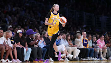 Jul 29, 2025; Los Angeles, California, USA; LA Sparks forward Cameron Brink (22) dribbles the ball against the Las Vegas Aces in the first half at Crypto.com Arena. Mandatory Credit: Kirby Lee-Imagn Images