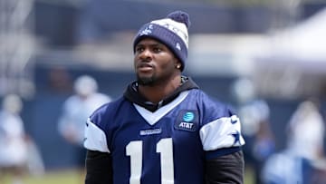 Jul 26, 2025; Oxnard, CA, USA; Dallas Cowboys defensive end Micah Parsons (11) at training camp at the River Ridge Fields. Mandatory Credit: Kirby Lee-Imagn Images