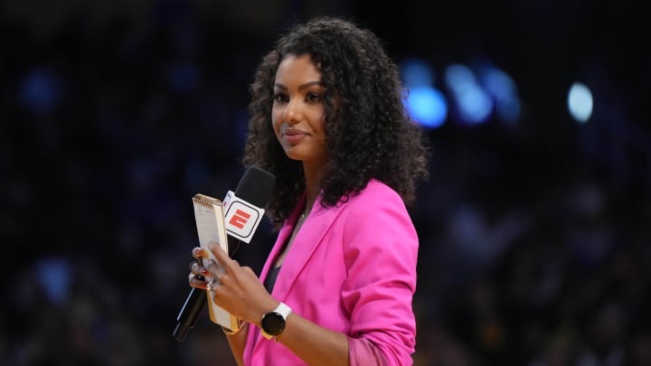 Mar 12, 2023; Los Angeles, California, USA; ESPN sideline reporter Malika Andrews during the game between the Los Angeles Lakers and the New York Knicks at Crypto.com Arena. Mandatory Credit: Kirby Lee-USA TODAY Sports