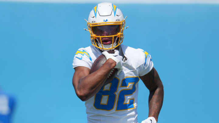 Jun 13, 2024; Costa Mesa, CA, USA; Los Angeles Chargers wide receiver Brenden Rice (82) carries the ball during minicamp at the Hoag Performance Center. Mandatory Credit: Kirby Lee-USA TODAY Sports