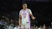 Feb 19, 2025; Los Angeles, California, USA; Southern California Trojans guard JuJu Watkins (12) reacts against the Michigan State Spartans in the first half at Galen Center. Mandatory Credit: Kirby Lee-Imagn Images