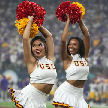 Sep 1, 2024; Paradise, Nevada, USA; Southern California Trojans song girls cheerleaders perform during the game against the LSU Tigers at Allegiant Stadium. Mandatory Credit: Kirby Lee-Imagn Images