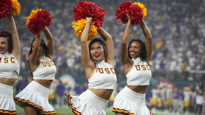 Sep 1, 2024; Paradise, Nevada, USA; Southern California Trojans song girls cheerleaders perform during the game against the LSU Tigers at Allegiant Stadium. Mandatory Credit: Kirby Lee-Imagn Images