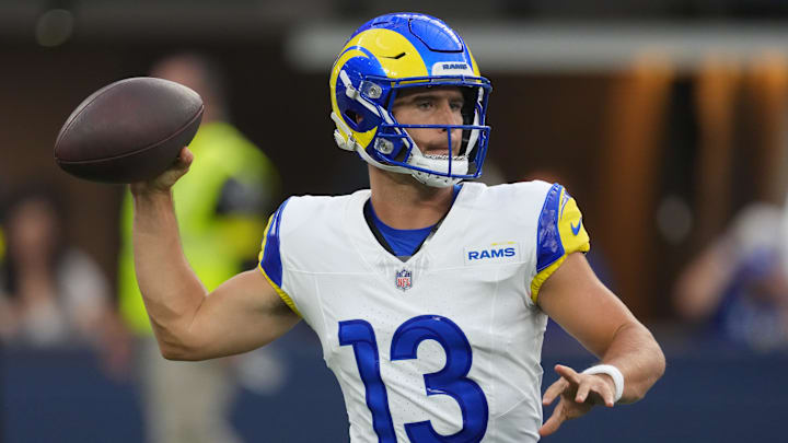 Aug 16, 2025; Inglewood, California, USA; Los Angeles Rams quarterback Stetson Bennett IV (13) throws in the second half against the Los Angeles Chargers at SoFi Stadium. Mandatory Credit: Kirby Lee-Imagn Images