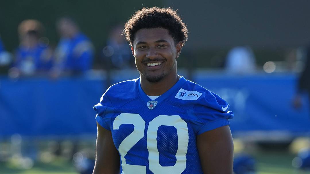 Jul 23, 2025; Los Angeles, CA, USA; Los Angeles Rams running back Ronnie Rivers (20) during training camp at Loyola Marymount University. Mandatory Credit: Kirby Lee-Imagn Images