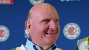 Jan 16, 2024; Inglewood, California, USA; LA Clippers owner Steve Ballmer speaks at a press conference to announce the Intuit Dome as the site of the 2026 NBA All-Star Game. Mandatory Credit: Kirby Lee-USA TODAY Sports