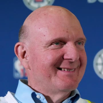 Jan 16, 2024; Inglewood, California, USA; LA Clippers owner Steve Ballmer speaks at a press conference to announce the Intuit Dome as the site of the 2026 NBA All-Star Game. Mandatory Credit: Kirby Lee-USA TODAY Sports
