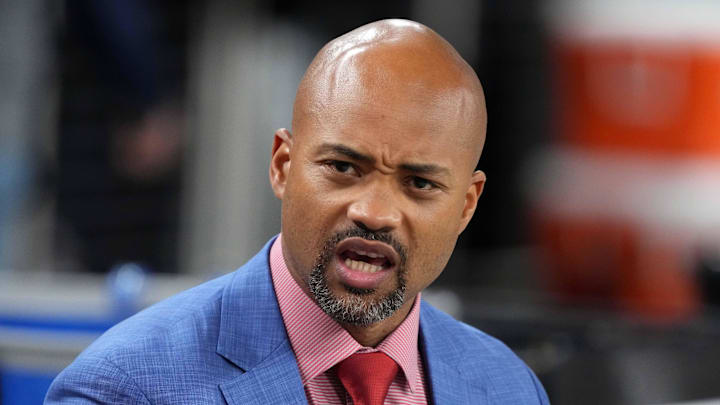 Dec 16, 2024; Paradise, Nevada, USA; Atlanta Falcons general manager Terry Fontenot reacts during the game against the Las Vegas Raiders at Allegiant Stadium. Mandatory Credit: Kirby Lee-Imagn Images