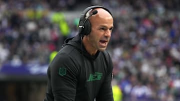 Oct 6, 2024; London, United Kingdom; New York Jets coach Robert Saleh reacts against the Minnesota Vikings in the first half at Tottenham Hotspur Stadium. Mandatory Credit: Kirby Lee-Imagn Images