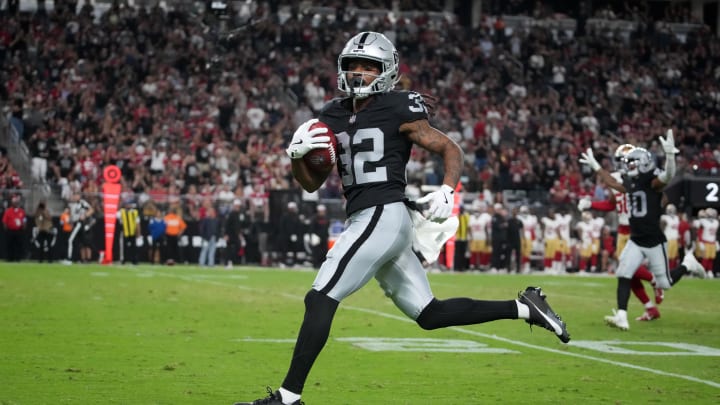 Aug 23, 2024; Paradise, Nevada, USA; Las Vegas Raiders wide receiver Tyreik McAllister (32) scores on an 81-yard punt return against the San Francisco 49ers in the first half at Allegiant Stadium. Mandatory Credit: Kirby Lee-USA TODAY Sports