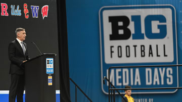 Jul 23, 2024; Indianapolis, IN, USA;  Big Ten commissioner Tony Petitti speaks to the media during the Big 10 football media day at Lucas Oil Stadium. Mandatory Credit: Robert Goddin-USA TODAY Sports