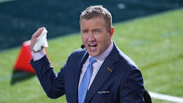 Jan 1, 2024; Pasadena, CA, USA; Kirk Herbstreit on the ESPN College Gameday set at the 2024 Rose Bowl college football playoff semifinal game at Rose Bowl. Mandatory Credit: Kirby Lee-Imagn Images