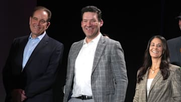 CBS Sports play-by-play announcer Jim Nantz (left), analyst Tony Romo (center) and sideline reporter Tracy Wolfson
