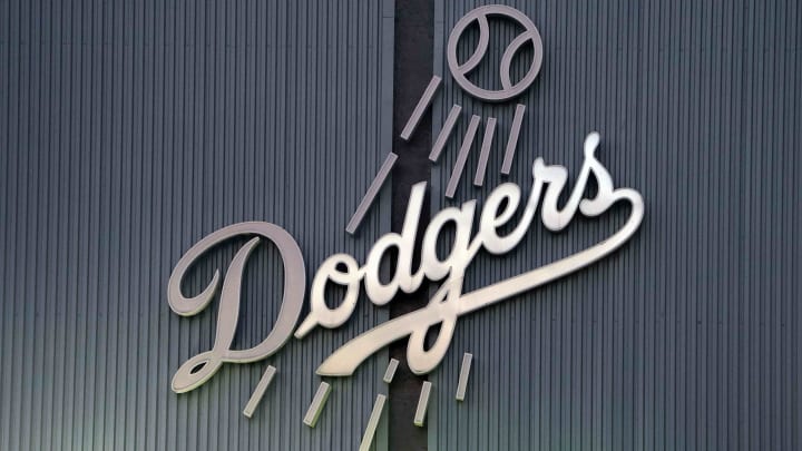 Jul 15, 2020; Los Angeles, California, United States; A general overall view of the Los Angeles Dodgers logo at Dodger Stadium. Mandatory Credit: Kirby Lee-USA TODAY Sports