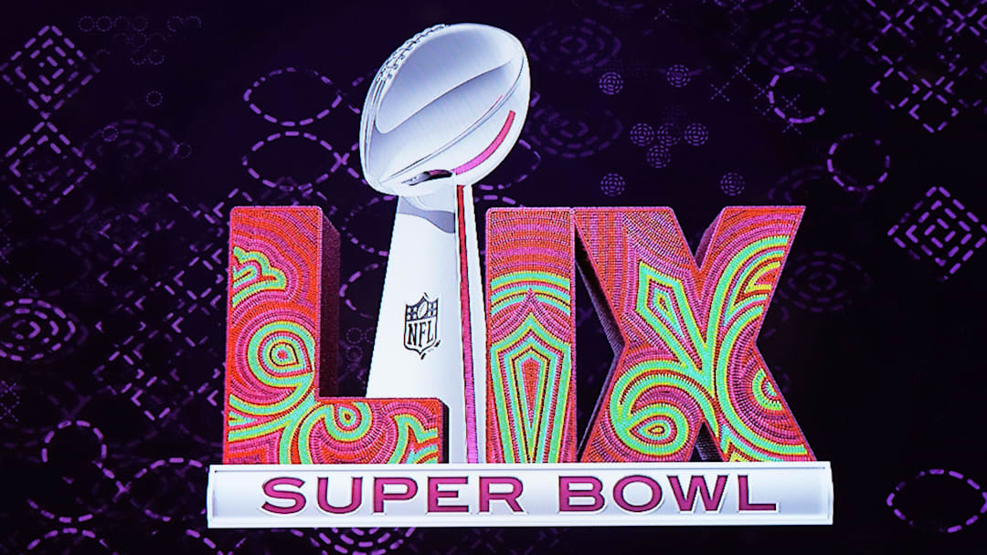 Feb 12, 2024; Las Vegas, NV, USA; The Super Bowl LIX logo at the Super Bowl Host Committee Handoff press conference at the Super Bowl LVIII media center at the Mandalay Bay North Convention Center. Mandatory Credit: Kirby Lee-Imagn Images