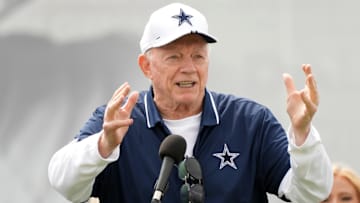 Jul 29, 2023; Oxnard, CA, USA; Dallas Cowboys owner Jerry Jones speaks during training camp opening ceremonies at the River Ridge Fields. Mandatory Credit: Kirby Lee-Imagn Images