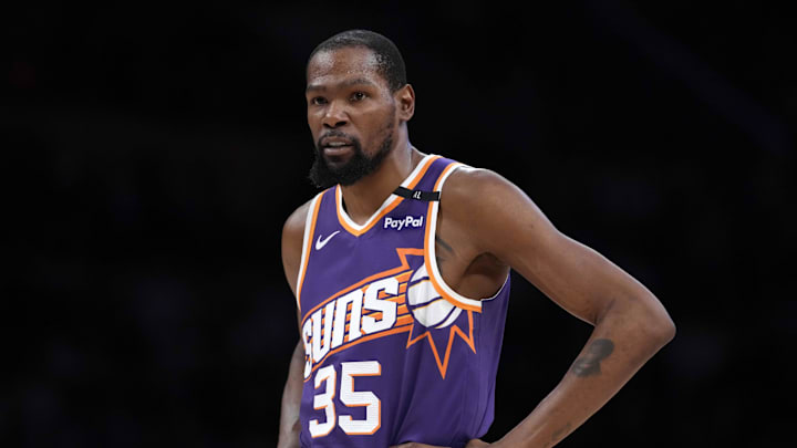 Mar 16, 2025; Los Angeles, California, USA; Phoenix Suns forward Kevin Durant (35) reacts against the Los Angeles Lakers in the second half at Crypto.com Arena. Mandatory Credit: Kirby Lee-Imagn Images