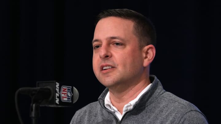 Feb 27, 2024; Indianapolis, IN, USA; New England Patriots director of scouting Eliot Wolf during the NFL Scouting Combine at Indiana Convention Center. Mandatory Credit: Kirby Lee-USA TODAY Sports