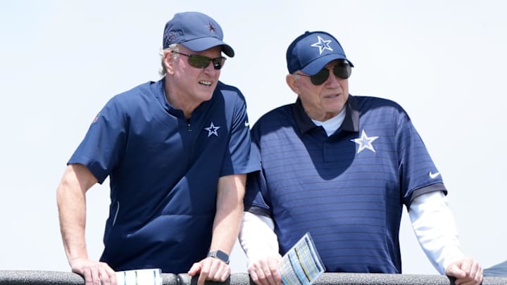 Dallas Cowboys owner Jerry Jones and son Jerry Jones Jr. during training camp at the River Ridge Fields Dallas Cowboys owner Jerry Jones and son Jerry Jones Jr. during training camp at the River Ridge Fields