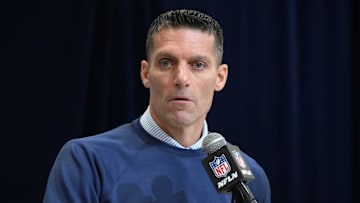 Feb 27, 2025; Indianapolis, IN, USA; Houston Texans general manager Nick Caserio speaks during the 2025 NFL Scouting Combine at the Indiana Convention Center. Mandatory Credit: Kirby Lee-Imagn Images