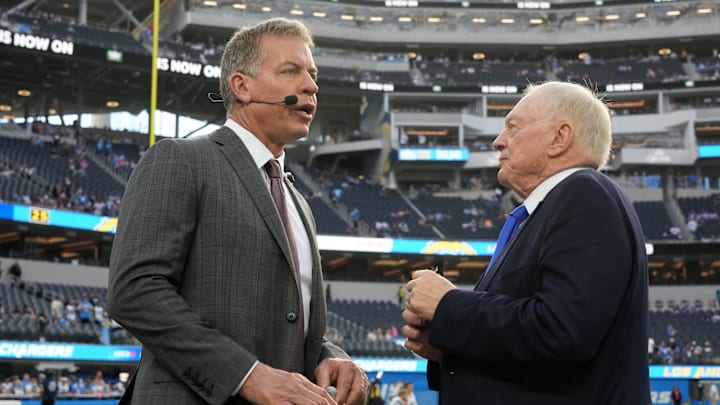 Dallas Cowboys owner Jerry Jones (right) talks with former quarterback Troy Aikman before the game against the Los Angeles Chargers at SoFi Stadium. Dallas Cowboys owner Jerry Jones (right) talks with former quarterback Troy Aikman before the game against the Los Angeles Chargers at SoFi Stadium.