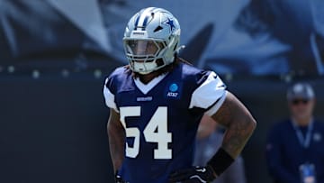 Jul 26, 2025; Oxnard, CA, USA; Dallas Cowboys defensive end Sam Williams (54) at training camp at the River Ridge Fields. Mandatory Credit: Kirby Lee-Imagn Images
