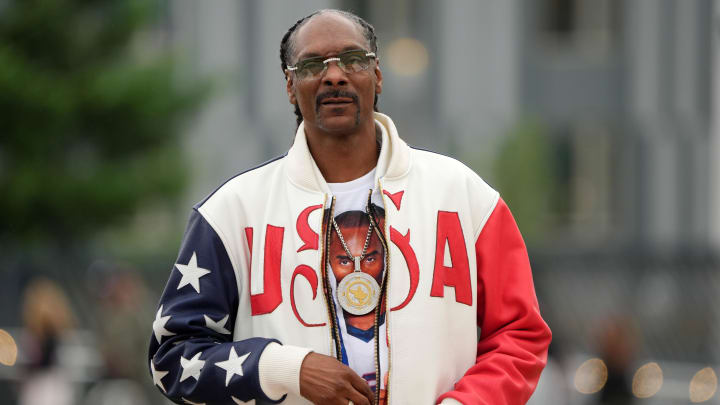 Snoop Dogg watches during the U.S. Olympic team trials at Hayward Field.