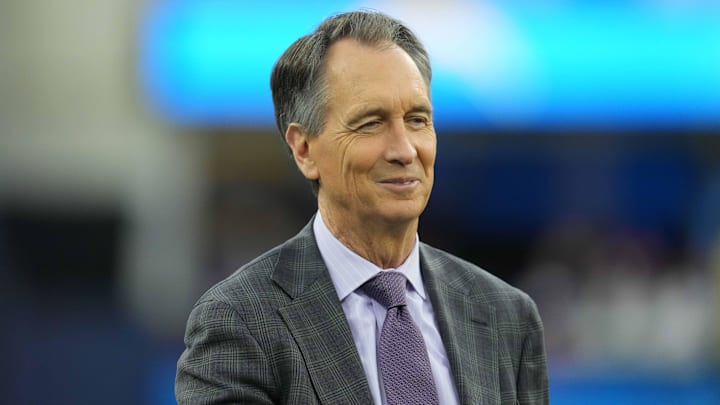 Collinsworth during the game between the Los Angeles Chargers and the Buffalo Bills at SoFi Stadium.