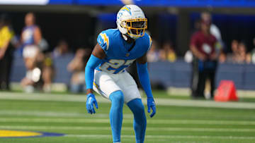 Aug 16, 2025; Inglewood, California, USA; Los Angeles Chargers safety RJ Mickens (27) against the Los Angeles Rams in the first half at SoFi Stadium. Mandatory Credit: Kirby Lee-Imagn Images