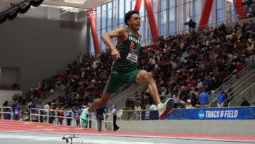 Mar 9, 2024; Boston, MA, USA; Russell Robinson of Miami wins the triple jump at 55-0 (16.76m) during the NCAA Indoor Track and Field Championships at The Track at New Balance. Mandatory Credit: Kirby Lee-USA TODAY Sports