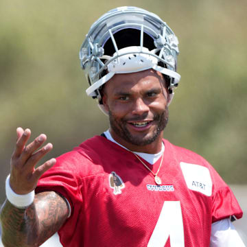 Dallas Cowboys quarterback Dak Prescott (4) at training camp at the River Ridge Fields.
