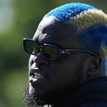 Jul 23, 2025; Los Angeles, CA, USA; Los Angeles Rams lineman Kevin Dotson (69) during training camp at Loyola Marymount University. Mandatory Credit: Kirby Lee-Imagn Images