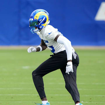 May 28, 2025; Woodland Hills, CA, USA; Los Angeles Rams cornerback Emmanuel Forbes Jr. (25) during organized team activities at Rams Practice Facility. Mandatory Credit: Kirby Lee-Imagn Images
