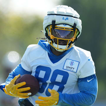 Jul 26, 2023; Costa Mesa, CA, USA; Los Angeles Chargers tight end Tre' McKitty during training camp at Jack Hammett Sports Complex. Mandatory Credit: Kirby Lee-Imagn Images
