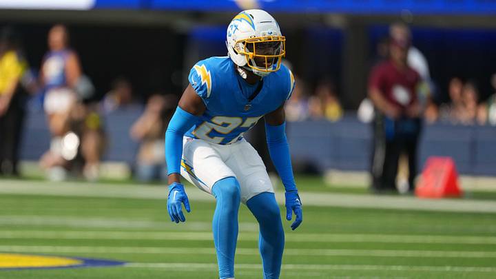 Aug 16, 2025; Inglewood, California, USA; Los Angeles Chargers safety RJ Mickens (27) against the Los Angeles Rams in the first half at SoFi Stadium. Mandatory Credit: Kirby Lee-Imagn Images
