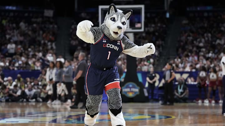Apr 6, 2025; Tampa, FL, USA; UConn Huskies mascot Jonathan the Husky during the national championship of the women's 2025 NCAA tournament against the South Carolina Gamecocks at Amalie Arena. Mandatory Credit: Kirby Lee-Imagn Images