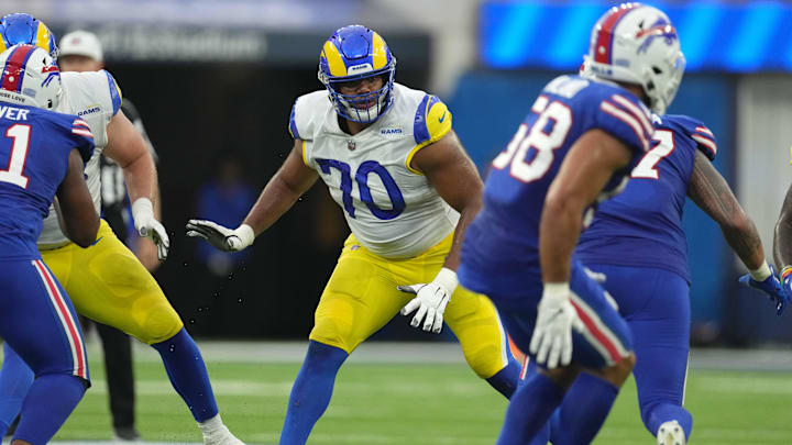 Los Angeles Rams offensive tackle Joe Noteboom blocks during the game against the Buffalo Bills at SoFi Stadium.