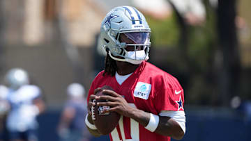 Dallas Cowboys quarterback Joe Milton throws the ball at training camp at the River Ridge Fields. 