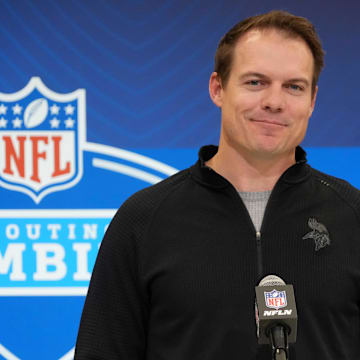 Feb 25, 2025; Indianapolis, IN, USA; Minnesota Vikings coach Kevin O'Connell speaks during the NFL Scouting Combine at the Indiana Convention Center.