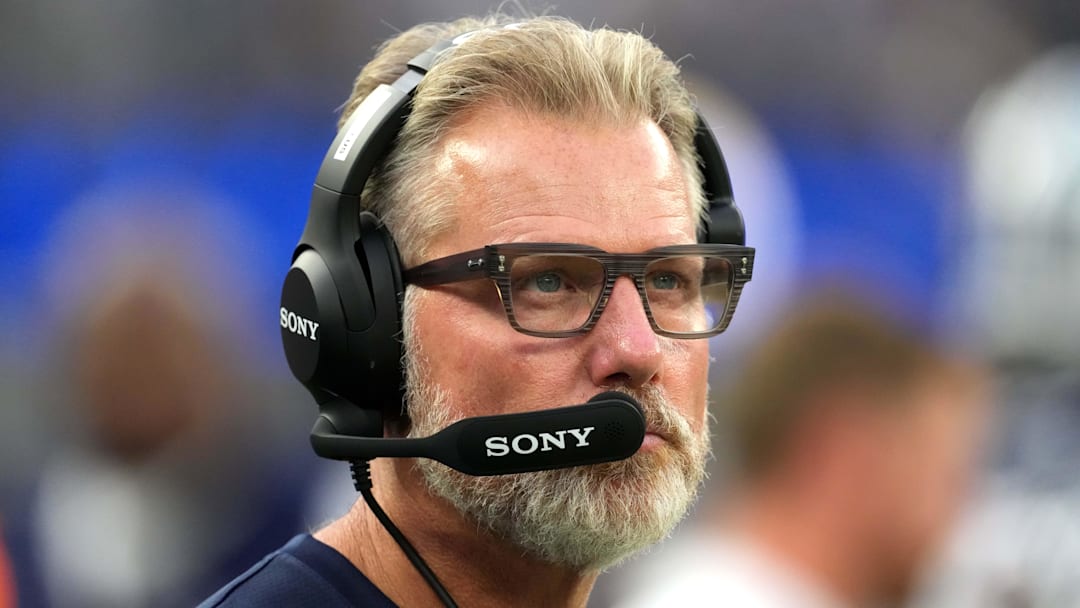 Aug 9, 2025; Inglewood, California, USA; Dallas Cowboys defensive coordinator Matt Eberflus watches from the sidelines against the Los Angeles Rams in the second half at SoFi Stadium. Mandatory Credit: Kirby Lee-Imagn Images