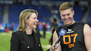 NFL Network reporter Stacey Dales interviews Ohio State quarterback Will Howard during the 2025 NFL Scouting Combine.
