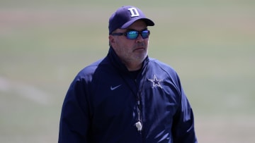 Aug 17, 2022; Costa Mesa, CA, USA; Dallas Cowboys coach Mike McCarthy reacts during joint practice against the Los Angeles Chargers at Jack Hammett Sports Complex. Mandatory Credit: Kirby Lee-USA TODAY Sports