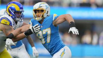 Jan 1, 2023; Inglewood, California, USA; Los Angeles Chargers linebacker Joey Bosa (97) against the Los Angeles Rams at SoFi Stadium. Mandatory Credit: Kirby Lee-USA TODAY Sports