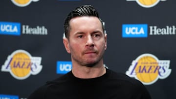 Mar 17, 2025; Los Angeles, California, USA; Los Angeles Lakers coach JJ Redick at press conference at the Crypto.com Arena. Mandatory Credit: Kirby Lee-Imagn Images