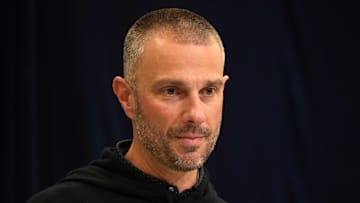 Feb 25, 2025; Indianapolis, IN, USA; Las Vegas Raiders general manager John Spytek speaks during the NFL Scouting Combine at the Indiana Convention Center. Mandatory Credit: Kirby Lee-Imagn Images
