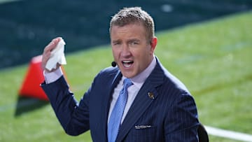 Jan 1, 2024; Pasadena, CA, USA; Kirk Herbstreit on the ESPN College Gameday set at the 2024 Rose Bowl college football playoff semifinal game at Rose Bowl. Mandatory Credit: Kirby Lee-Imagn Images