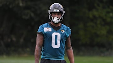 Oct 16, 2024; Watford, United Kingdom; Jacksonville Jaguars wide receiver Gabe Davis (0) during practice at The Grove. Mandatory Credit: Kirby Lee-Imagn Images