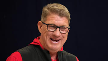 Feb 25, 2025; Indianapolis, IN, USA; Tampa Bay Buccaneers general manager Jason Licht speaks during the NFL Scouting Combine at the Indiana Convention Center. Mandatory Credit: Kirby Lee-Imagn Images