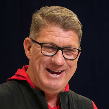 Feb 25, 2025; Indianapolis, IN, USA; Tampa Bay Buccaneers general manager Jason Licht speaks during the NFL Scouting Combine at the Indiana Convention Center. Mandatory Credit: Kirby Lee-Imagn Images